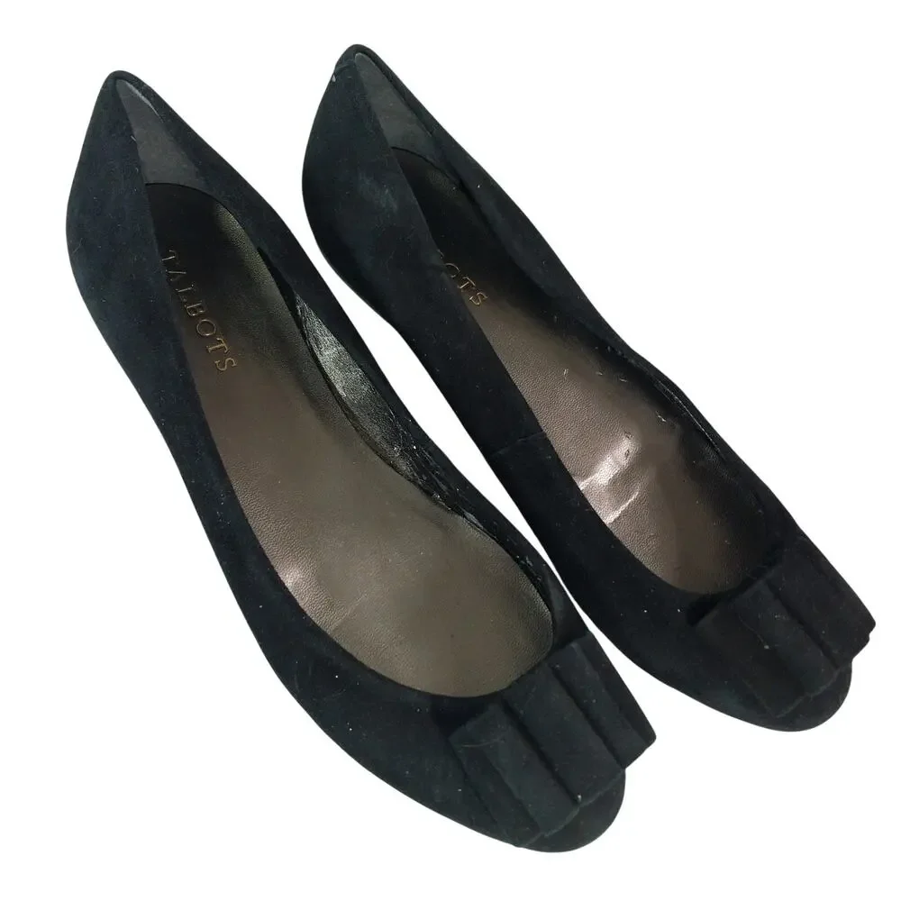 NWOT-FLAW! TALBOTS! BLACK GENUINE SUEDE LEATHER & GROSGRAIN RIBBON FLATS! SZ 8W